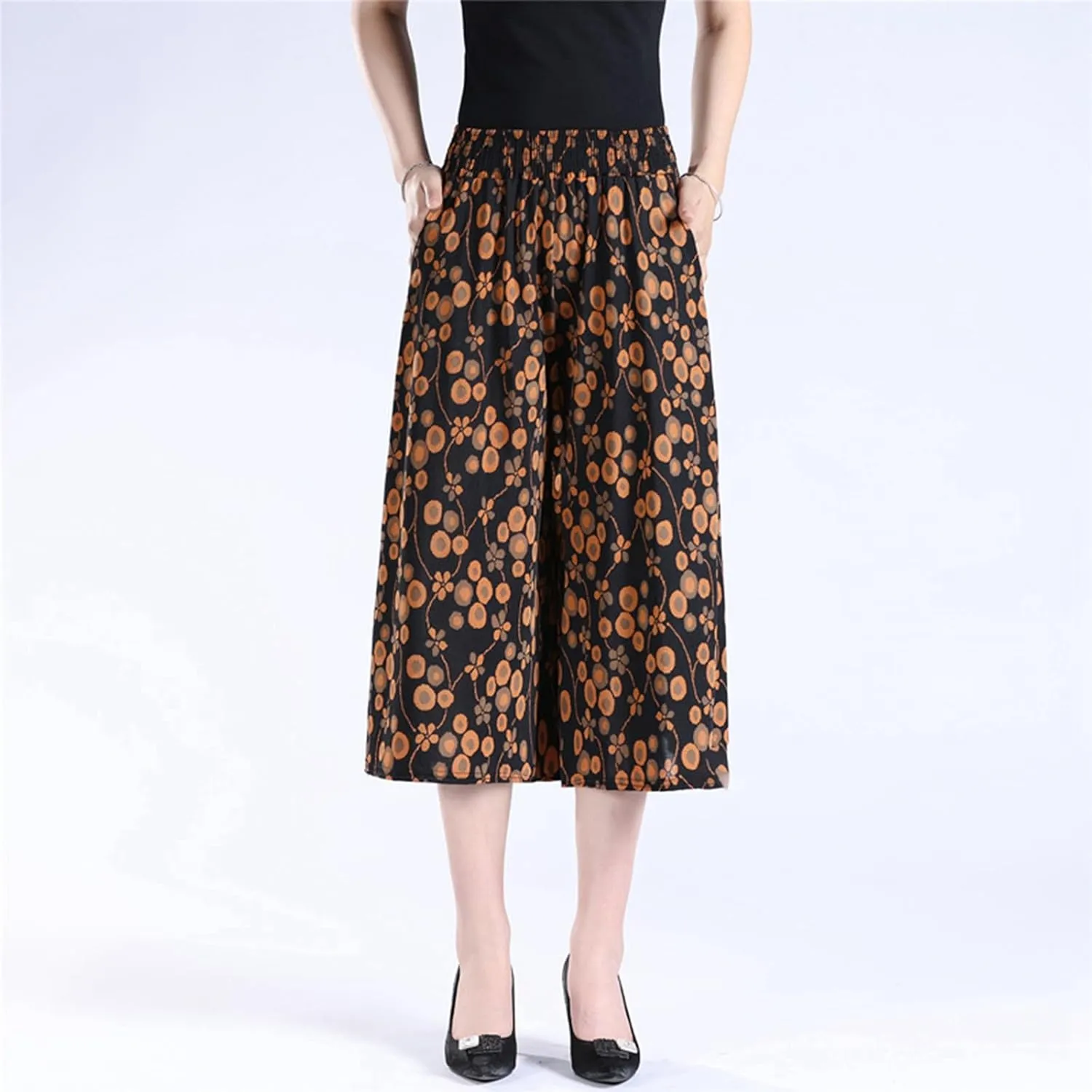 Womens Pleated Chiffon Culottes High Elastic Waist Wide Leg Pants Dressy For Women Knee Length