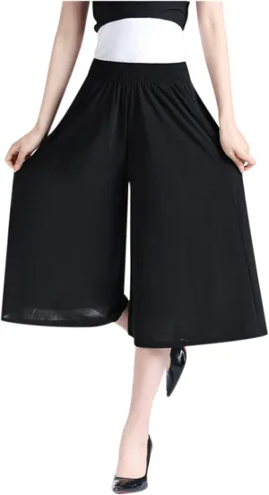 Womens Pleated Chiffon Culottes High Elastic Waist Wide Leg Pants Dressy For Women Knee Length