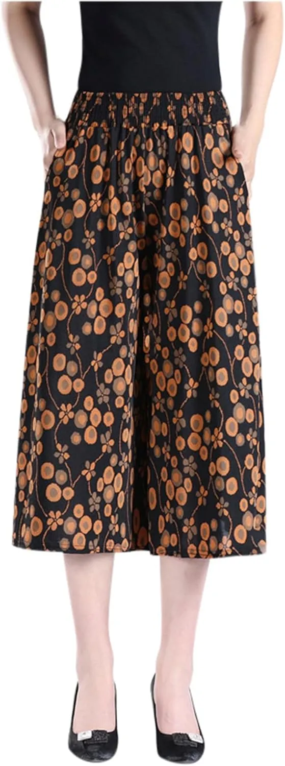 Womens Pleated Chiffon Culottes High Elastic Waist Wide Leg Pants Dressy For Women Knee Length