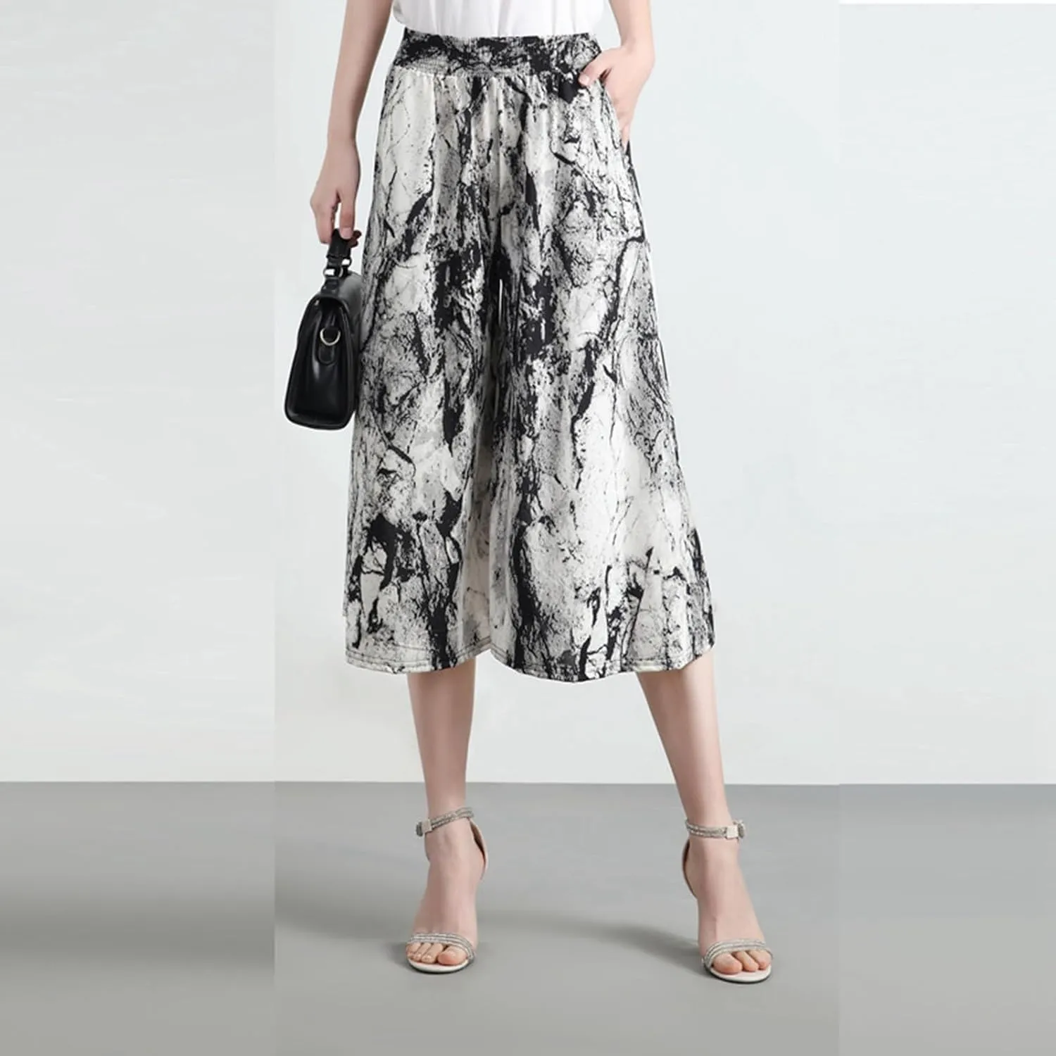Womens Pleated Chiffon Culottes High Elastic Waist Wide Leg Pants Dressy For Women Knee Length