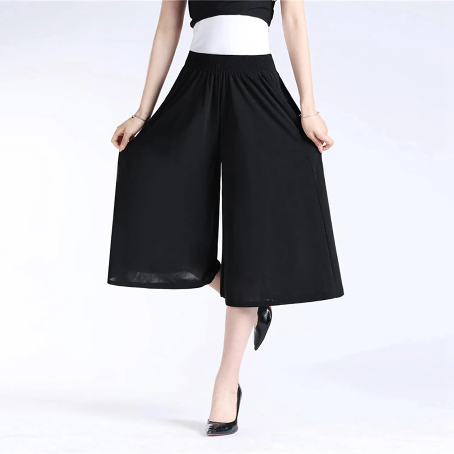 Womens Pleated Chiffon Culottes High Elastic Waist Wide Leg Pants Dressy For Women Knee Length