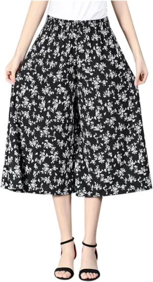 Womens Pleated Chiffon Culottes High Elastic Waist Wide Leg Pants Dressy For Women Knee Length