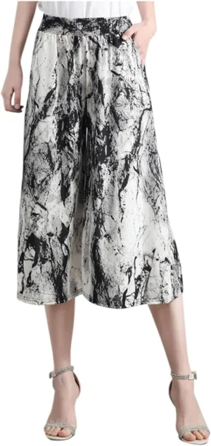 Womens Pleated Chiffon Culottes High Elastic Waist Wide Leg Pants Dressy For Women Knee Length