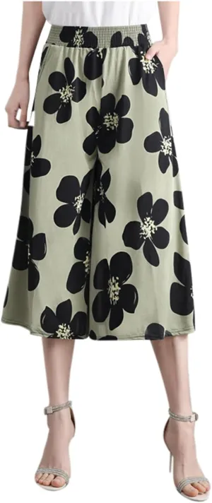Womens Pleated Chiffon Culottes High Elastic Waist Wide Leg Pants Dressy For Women Knee Length