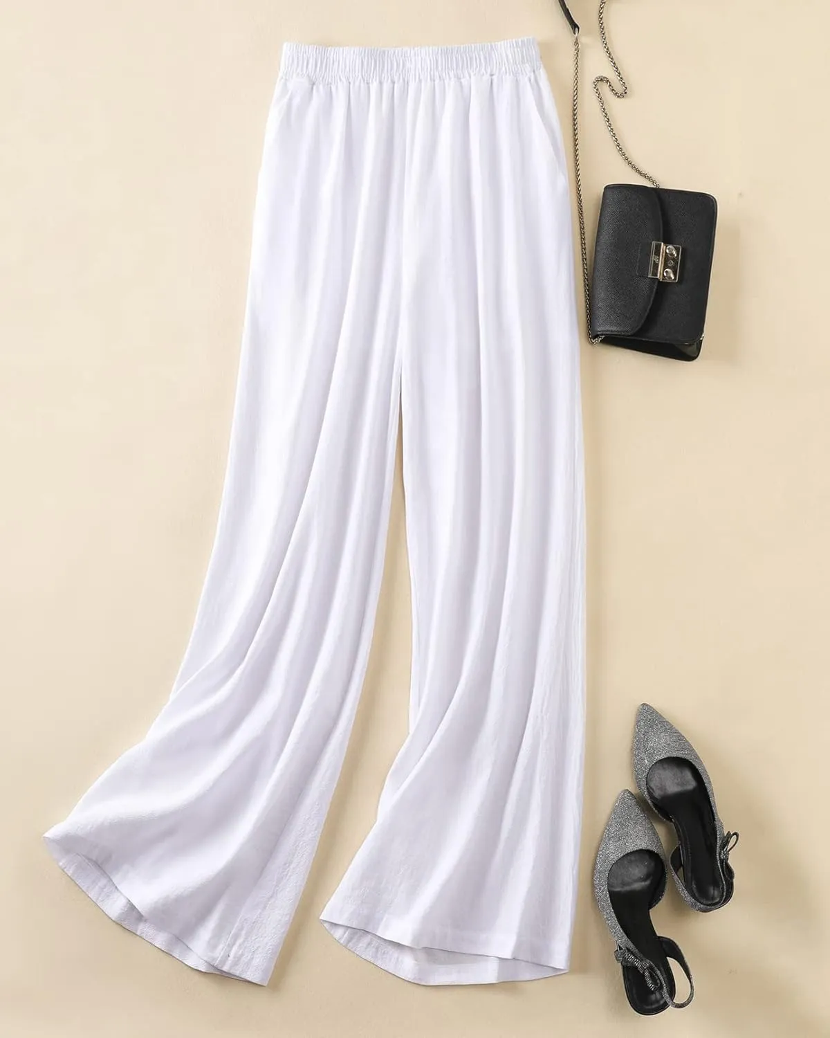 Womens Plus Size Linen Pants Wide Leg Palazzo Trousers High Elastic Waist Flowy Culottes with Pockets L 5XL