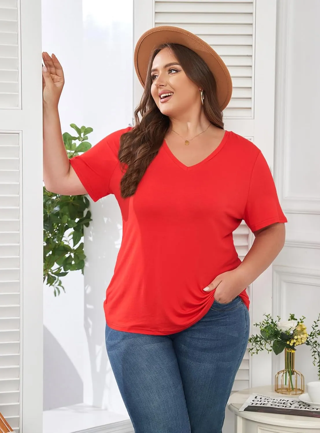 Women's Plus Size Short Sleeve Tee Shirt V Neck Basic Ladies Loose Fit T Shirt 1X-5X