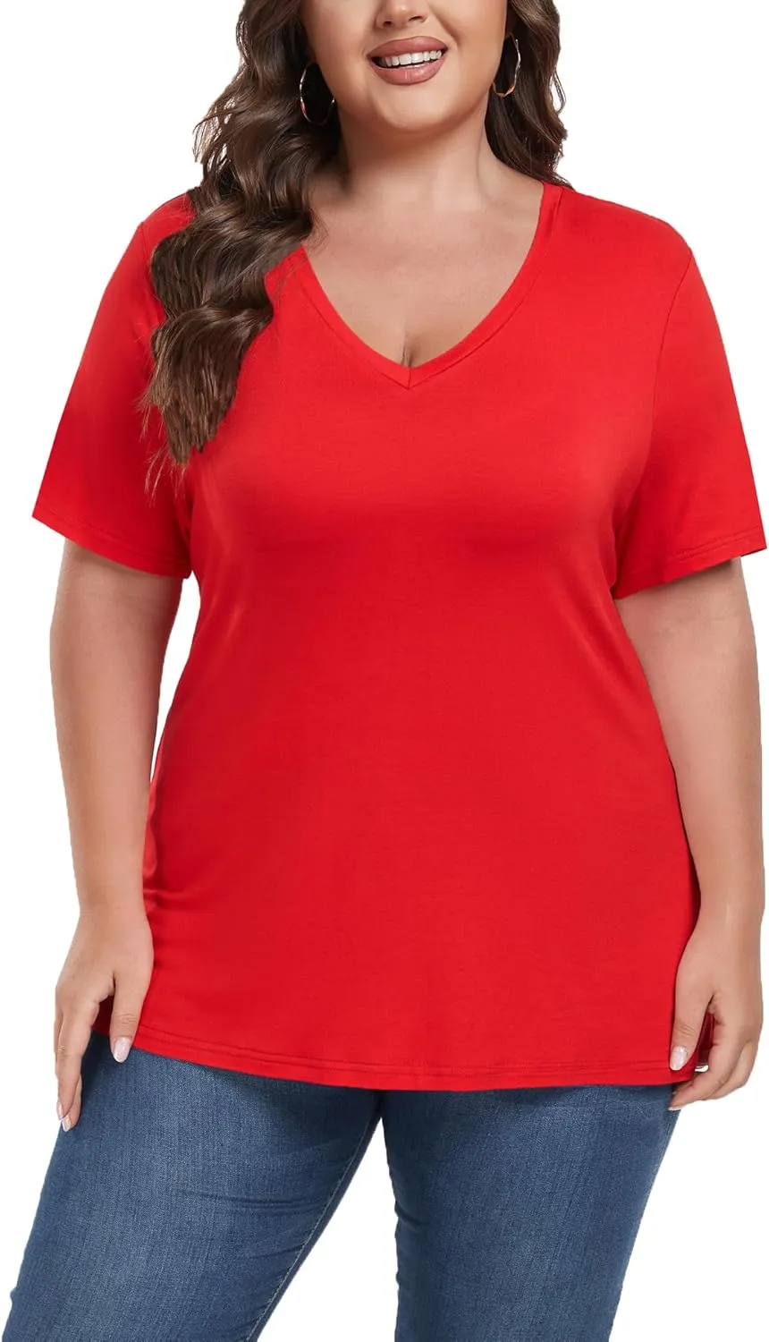 Women's Plus Size Short Sleeve Tee Shirt V Neck Basic Ladies Loose Fit T Shirt 1X-5X