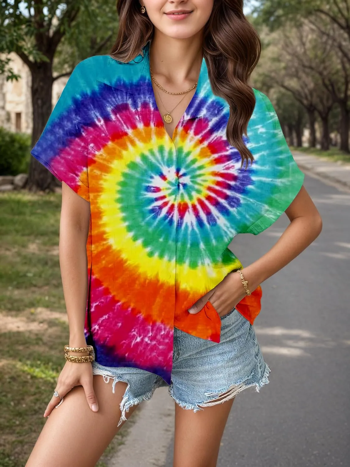 Womens Pride Button Down Shirt Tie Dye Shirt for Women Retro Rainbow Outfit Neon Party Clothing