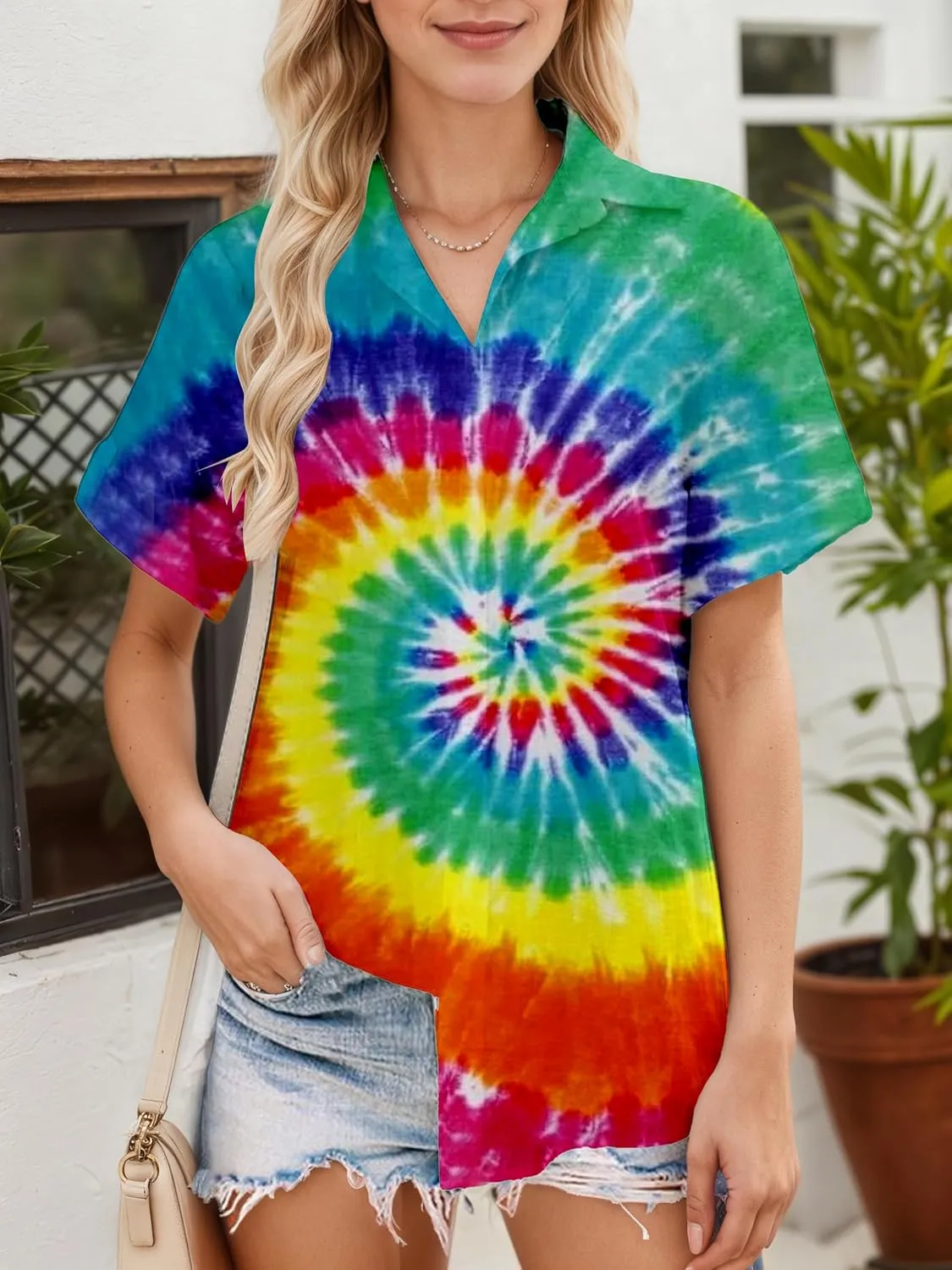 Womens Pride Button Down Shirt Tie Dye Shirt for Women Retro Rainbow Outfit Neon Party Clothing