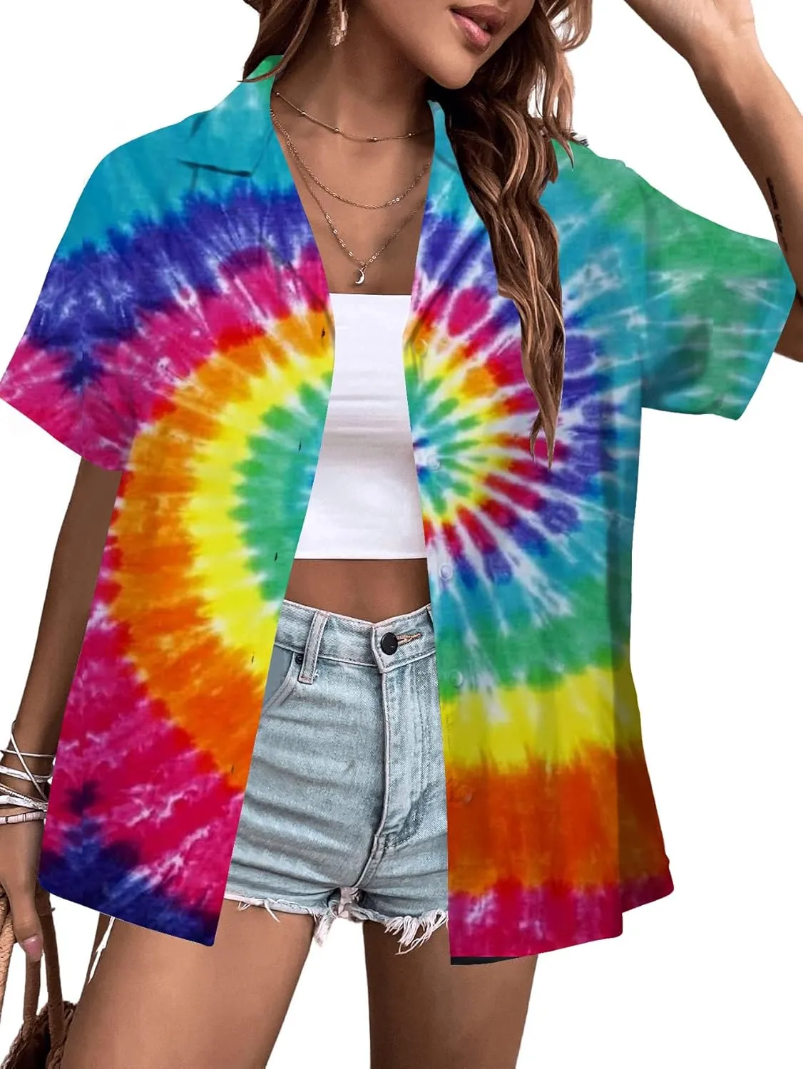 Womens Pride Button Down Shirt Tie Dye Shirt for Women Retro Rainbow Outfit Neon Party Clothing