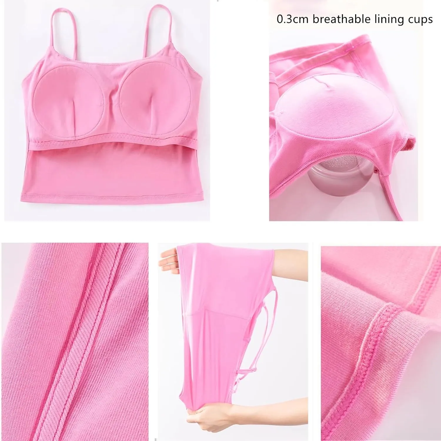 Women's Seamless Camisole Top Wirefree Built in Bra Spaghetti Strap Tank Top Sexy Pink Sports Bras Yoga Fitness Running