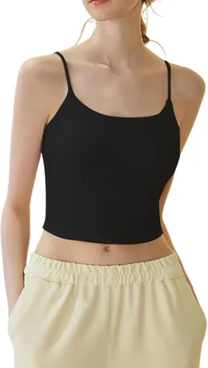 Women's Seamless Camisole Top Wirefree Built in Bra Spaghetti Strap Tank Top Sexy Pink Sports Bras Yoga Fitness Running
