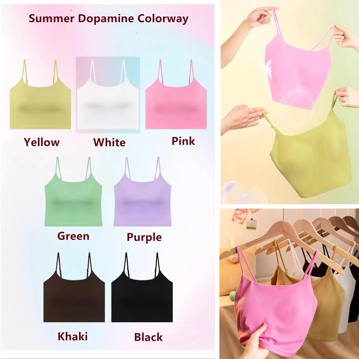 Women's Seamless Camisole Top Wirefree Built in Bra Spaghetti Strap Tank Top Sexy Pink Sports Bras Yoga Fitness Running