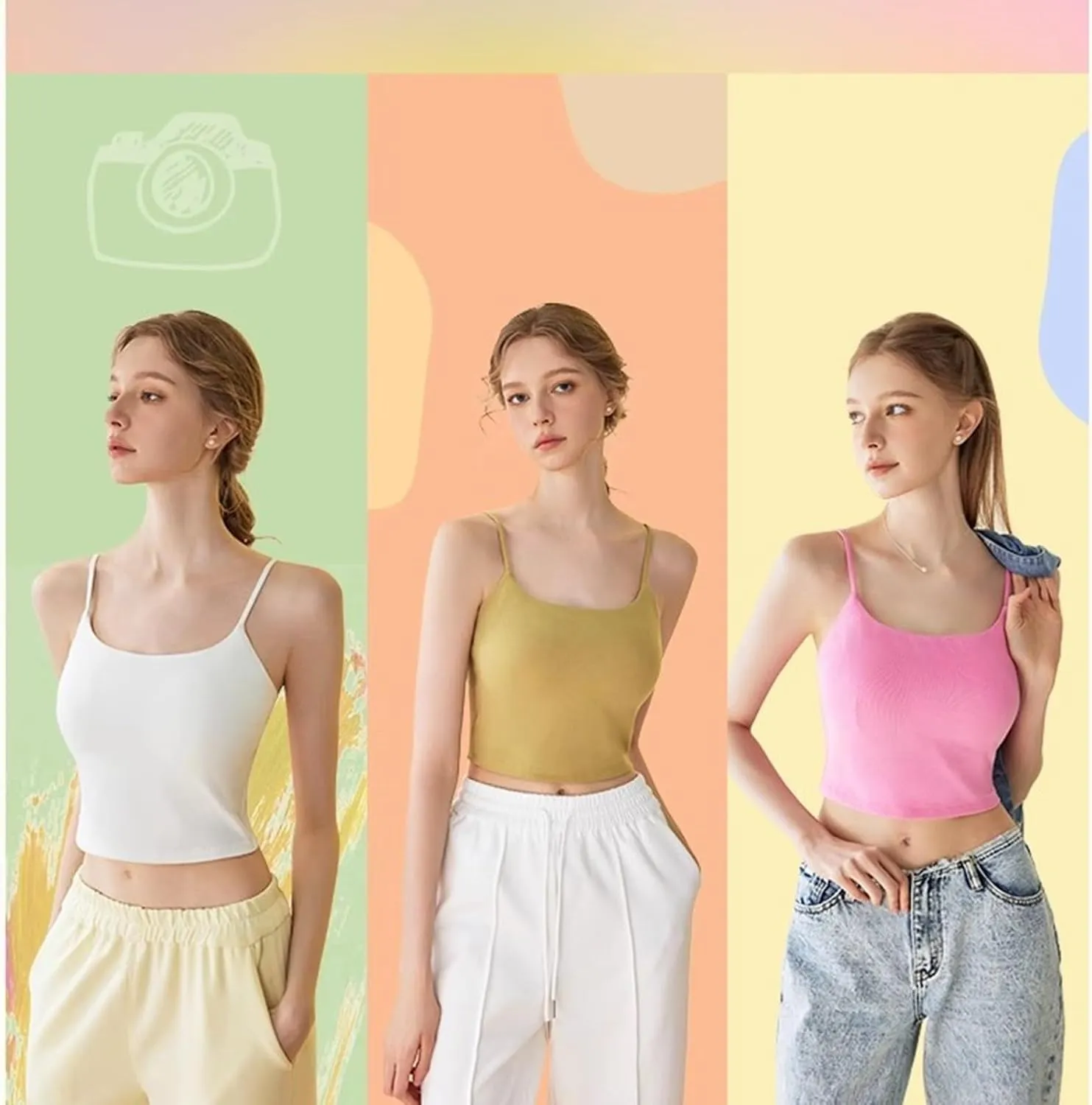 Women's Seamless Camisole Top Wirefree Built in Bra Spaghetti Strap Tank Top Sexy Pink Sports Bras Yoga Fitness Running