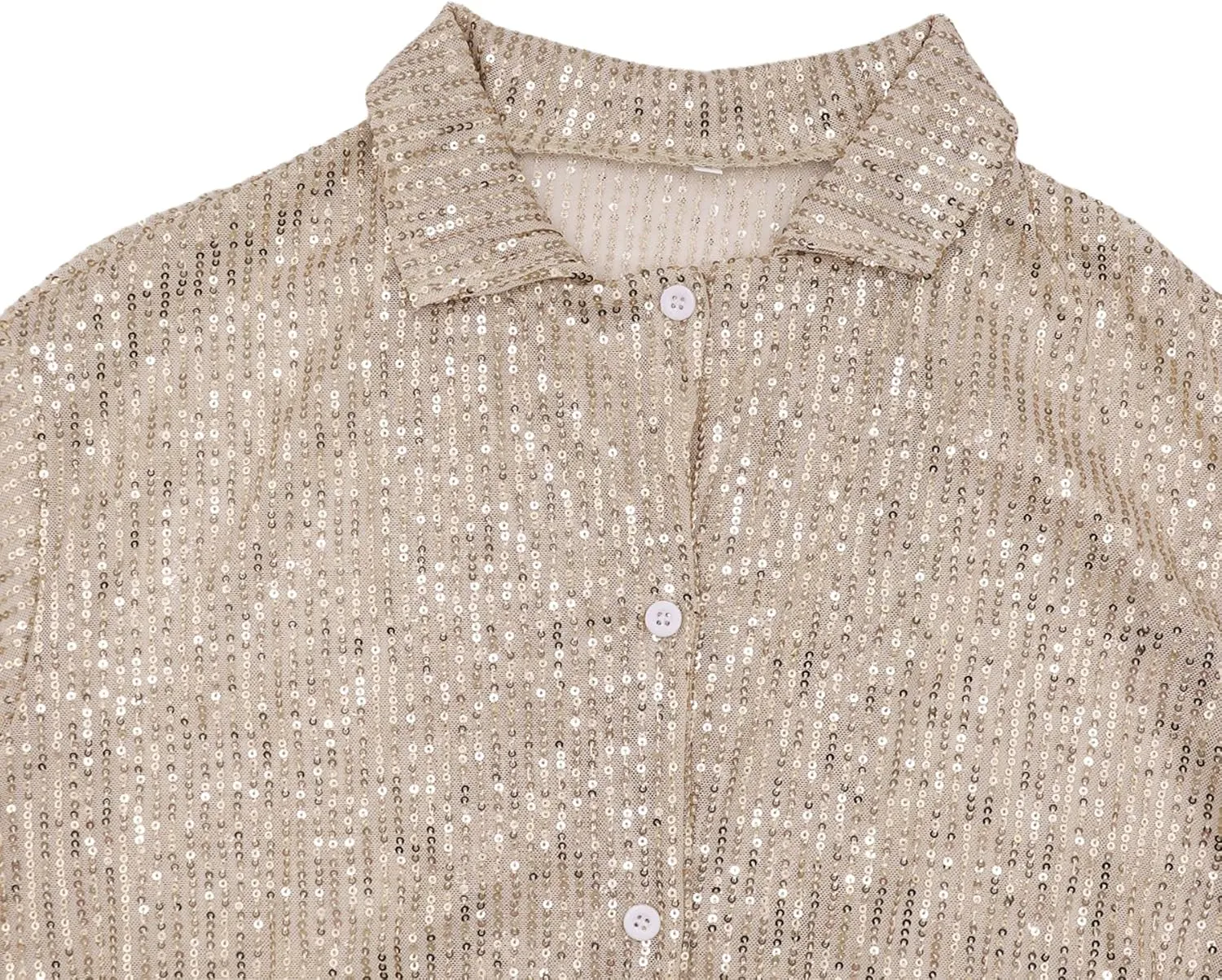 Womens Sequins Long Sleeve Collared Shirt Button Down Open Front Shirt Loose Blouses Shirts Tops
