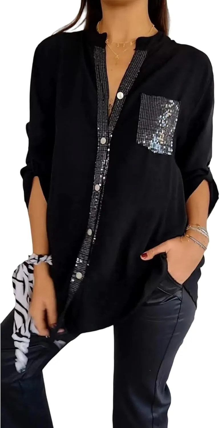 Womens Sequins Long Sleeve Collared Shirt Button Down Open Front Shirt Loose Blouses Shirts Tops