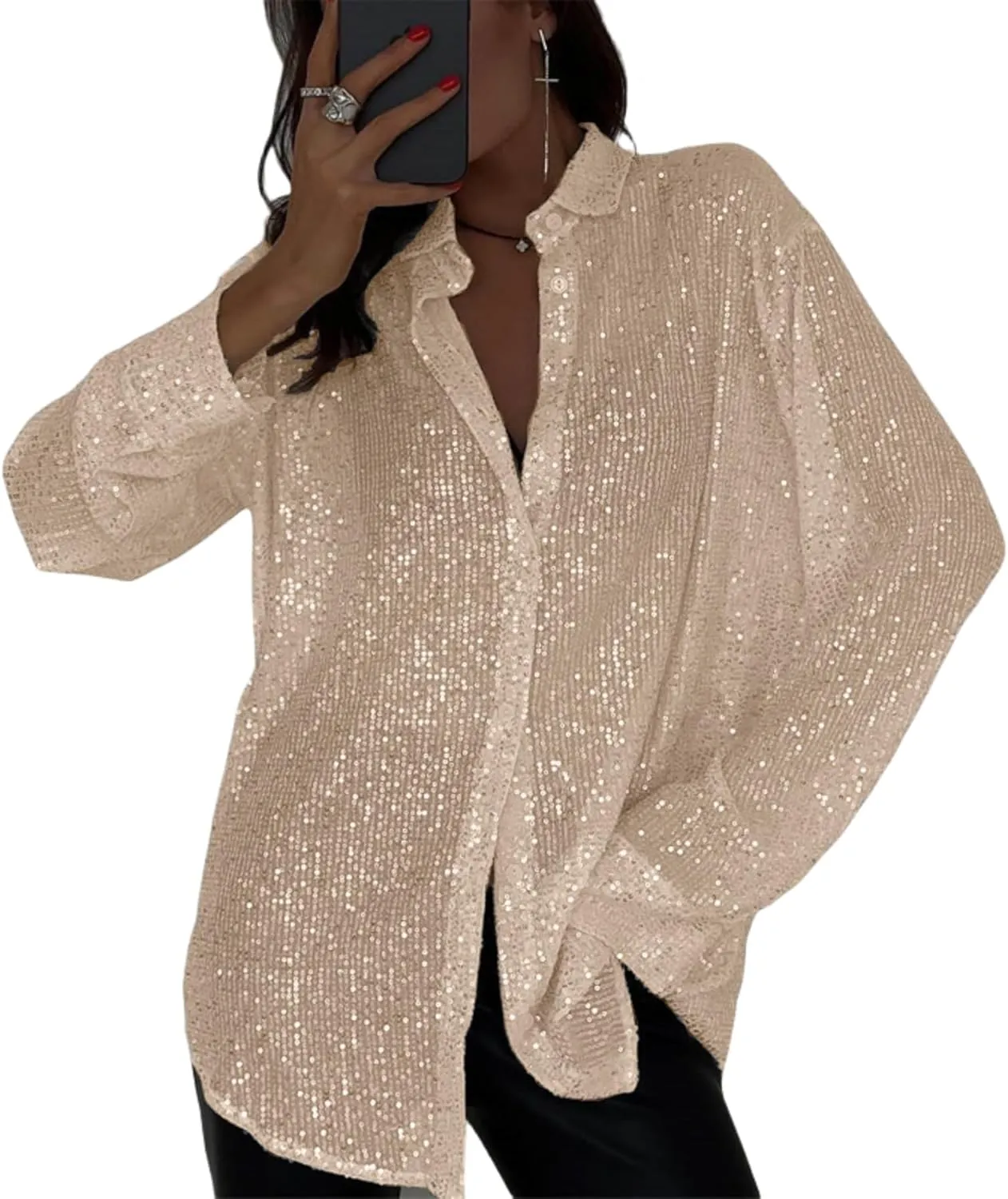 Womens Sequins Long Sleeve Collared Shirt Button Down Open Front Shirt Loose Blouses Shirts Tops