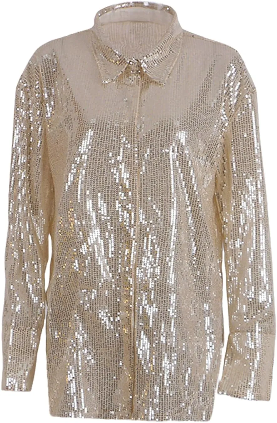 Womens Sequins Long Sleeve Collared Shirt Button Down Open Front Shirt Loose Blouses Shirts Tops