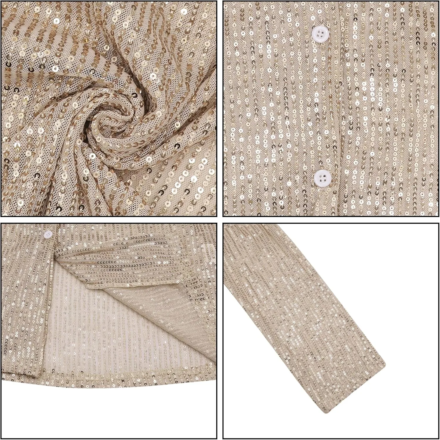 Womens Sequins Long Sleeve Collared Shirt Button Down Open Front Shirt Loose Blouses Shirts Tops