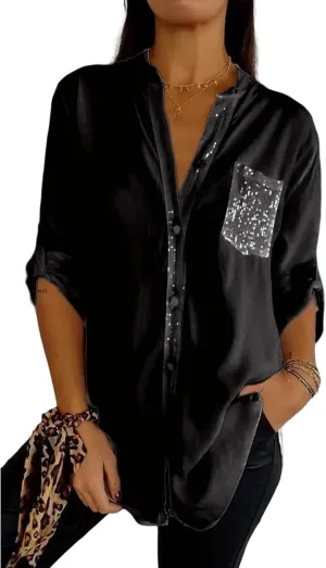 Womens Sequins Long Sleeve Collared Shirt Button Down Open Front Shirt Loose Blouses Shirts Tops