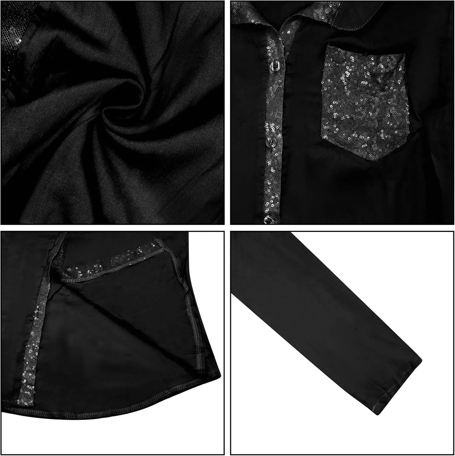 Womens Sequins Long Sleeve Collared Shirt Button Down Open Front Shirt Loose Blouses Shirts Tops