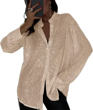 Womens Sequins Long Sleeve Collared Shirt Button Down Open Front Shirt Loose Blouses Shirts Tops