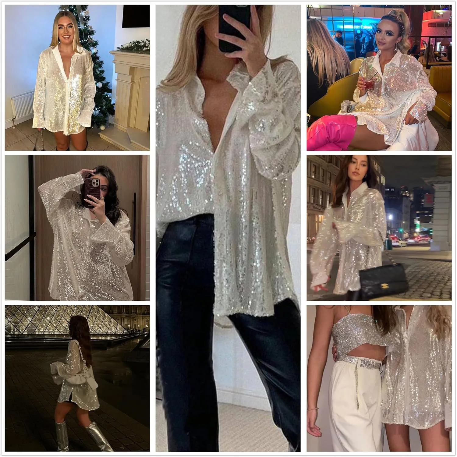 Womens Sequins Long Sleeve Collared Shirt Button Down Open Front Shirt Loose Blouses Shirts Tops