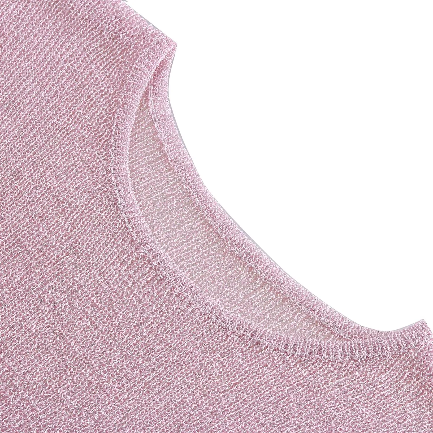 Womens Sexy Knitted Glitter Crop Tank Top Sheer Mesh Crew Neck Sleeveless Cropped Shirt See-Through Blouse