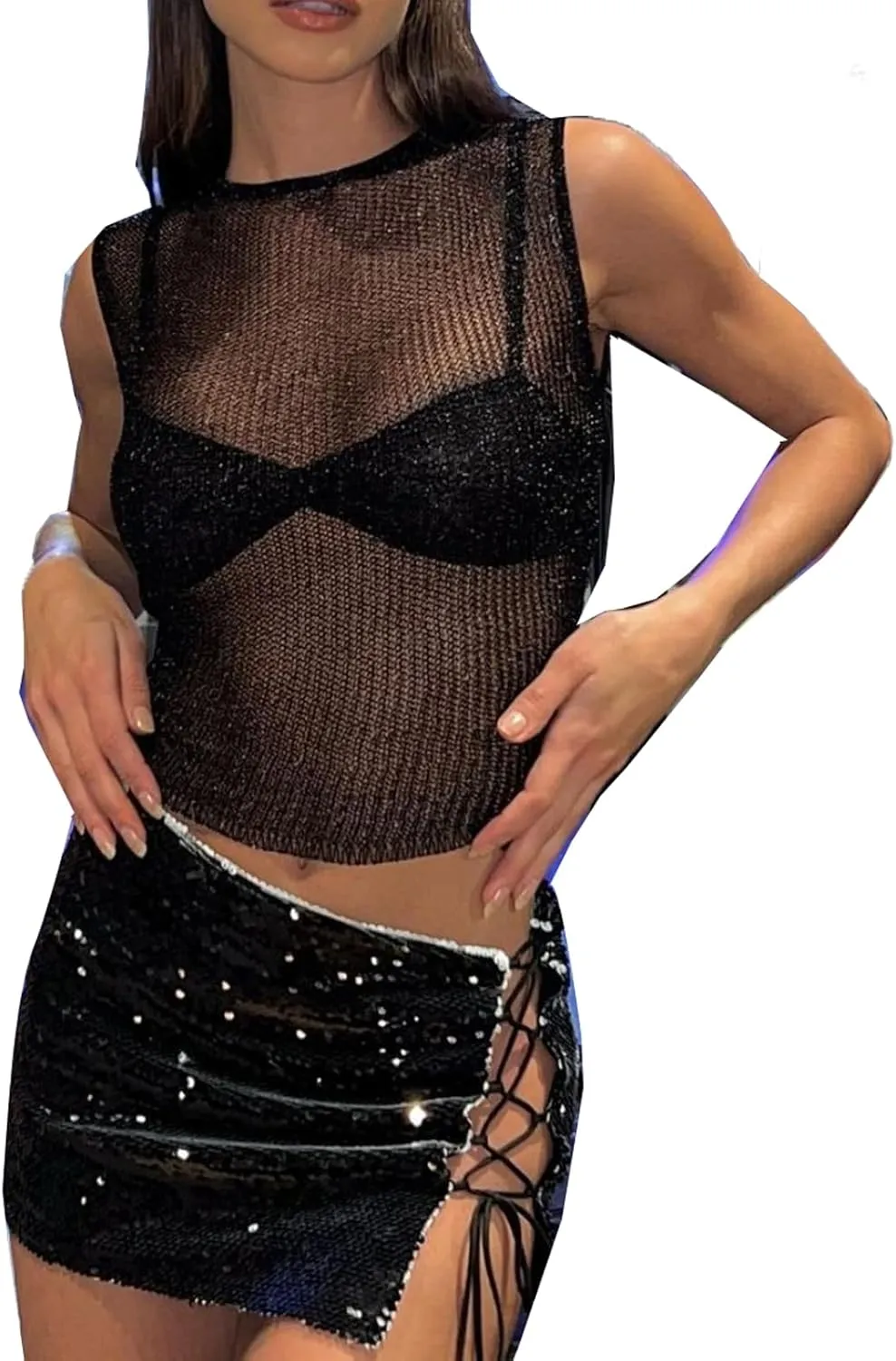 Womens Sexy Knitted Glitter Crop Tank Top Sheer Mesh Crew Neck Sleeveless Cropped Shirt See-Through Blouse