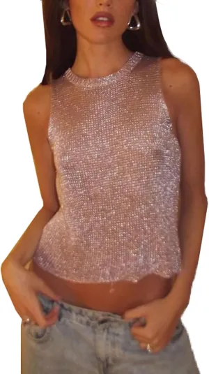 Womens Sexy Knitted Glitter Crop Tank Top Sheer Mesh Crew Neck Sleeveless Cropped Shirt See-Through Blouse