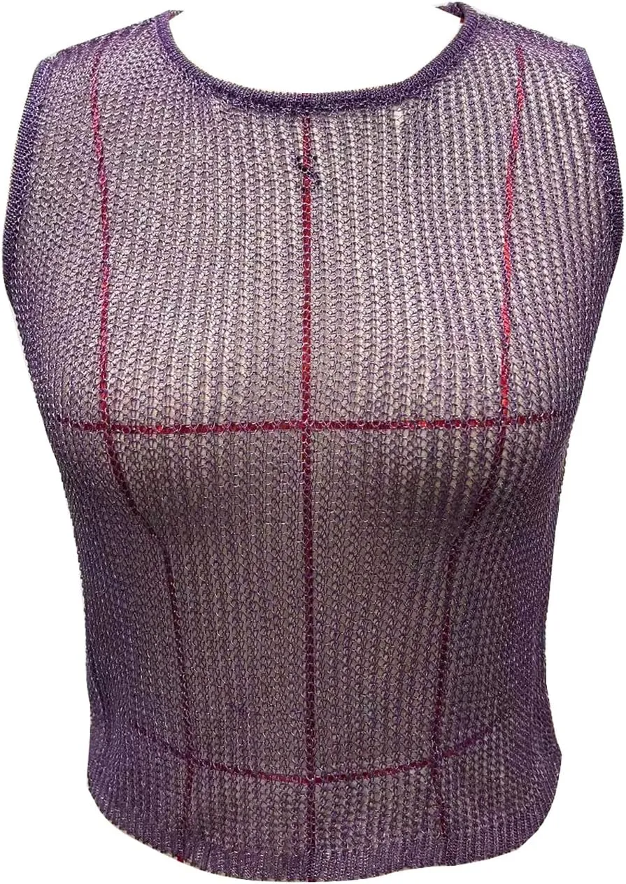 Womens Sexy Knitted Glitter Crop Tank Top Sheer Mesh Crew Neck Sleeveless Cropped Shirt See-Through Blouse