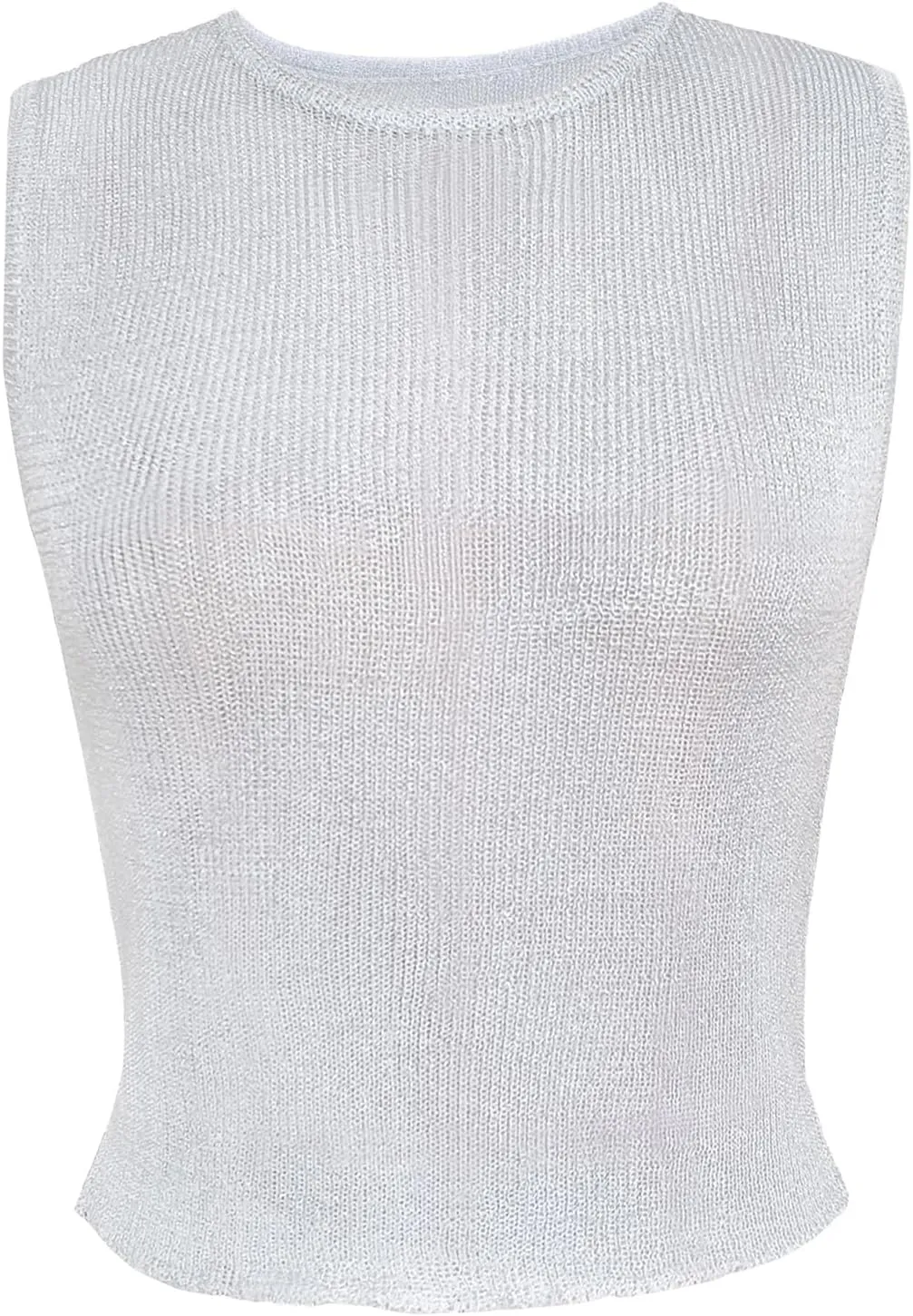 Womens Sexy Knitted Glitter Crop Tank Top Sheer Mesh Crew Neck Sleeveless Cropped Shirt See-Through Blouse