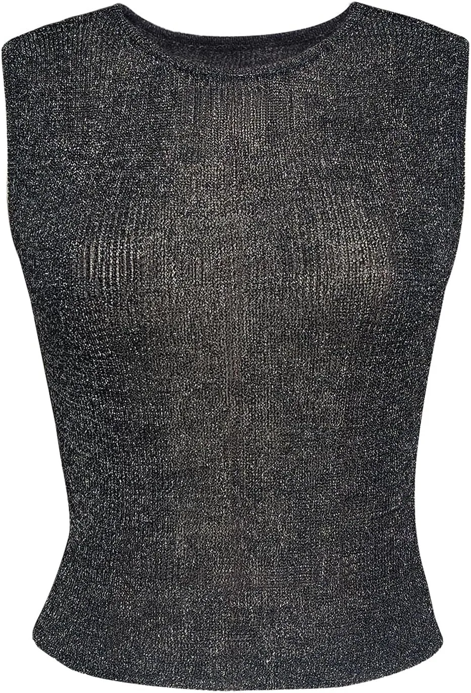 Womens Sexy Knitted Glitter Crop Tank Top Sheer Mesh Crew Neck Sleeveless Cropped Shirt See-Through Blouse