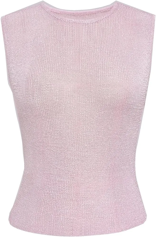 Womens Sexy Knitted Glitter Crop Tank Top Sheer Mesh Crew Neck Sleeveless Cropped Shirt See-Through Blouse
