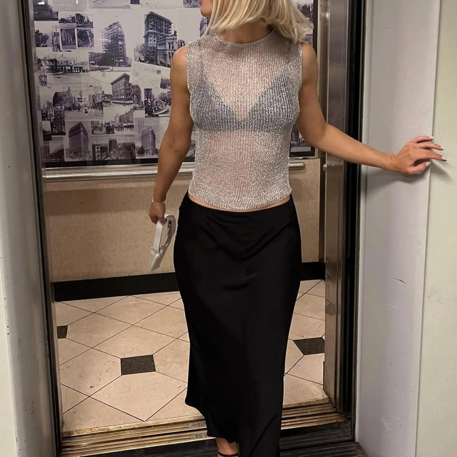Womens Sexy Knitted Glitter Crop Tank Top Sheer Mesh Crew Neck Sleeveless Cropped Shirt See-Through Blouse