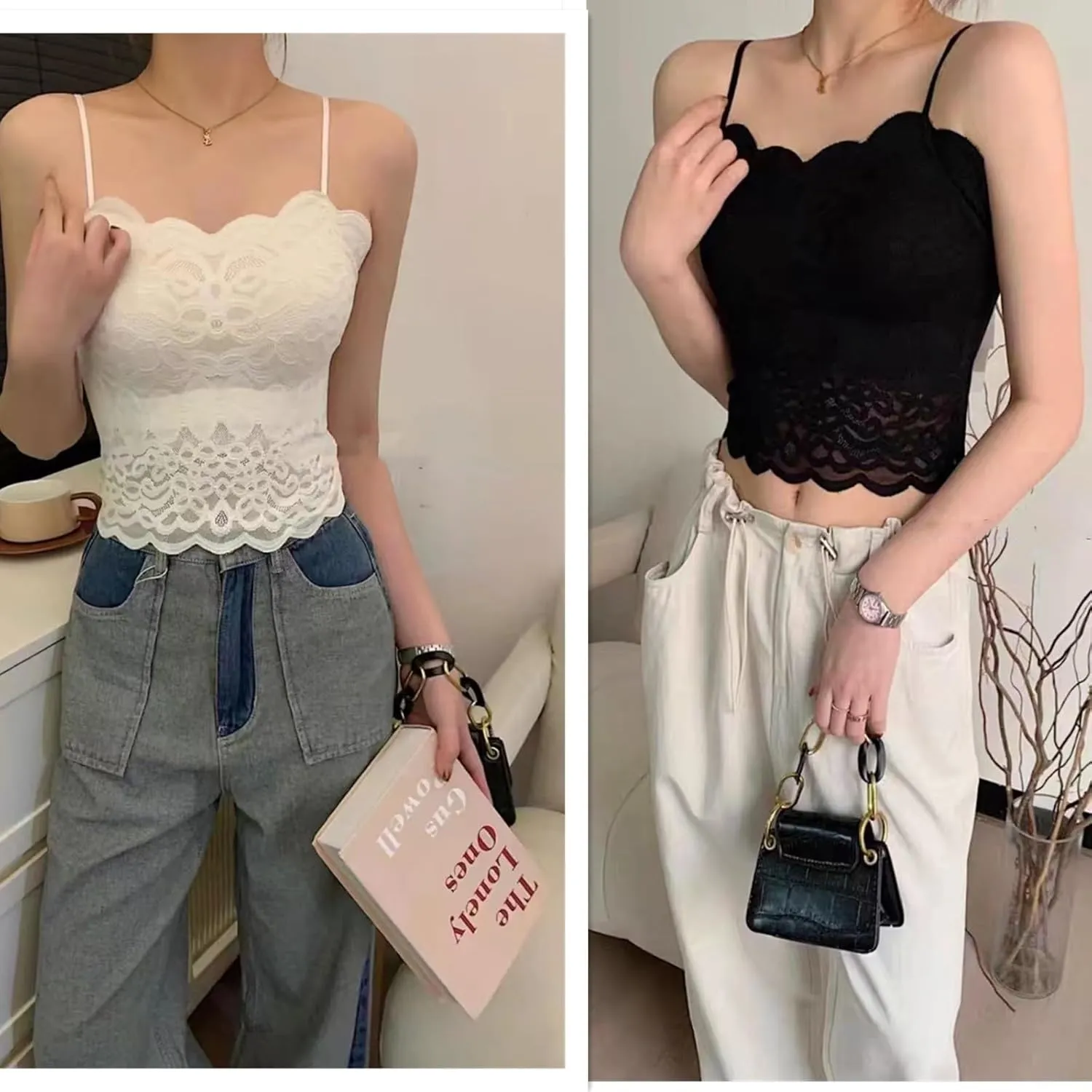 Women's Sexy Lace Patchwork Bralettes Camisoles Adjustable Spaghetti Strap Tank Top Breathable Cami Tank Top