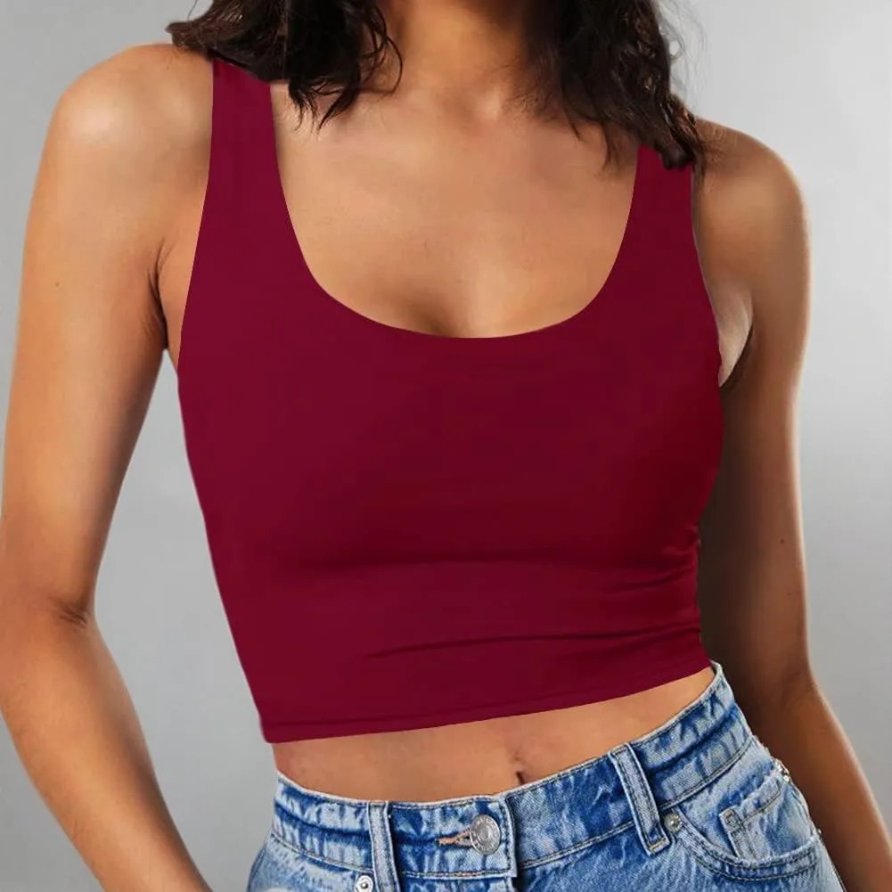 Womens Sexy Sleeveless Crop Tops Double Layer Scoop Neck Cropped Tank Top