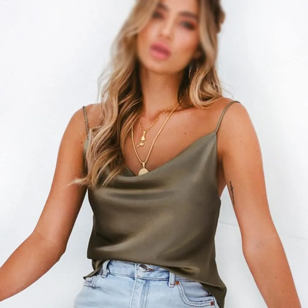 Women's Silk Satin Tops Vest Camisole Lace-up Camisole Tops Shirt Bottoming Silk Chiffon Shirt