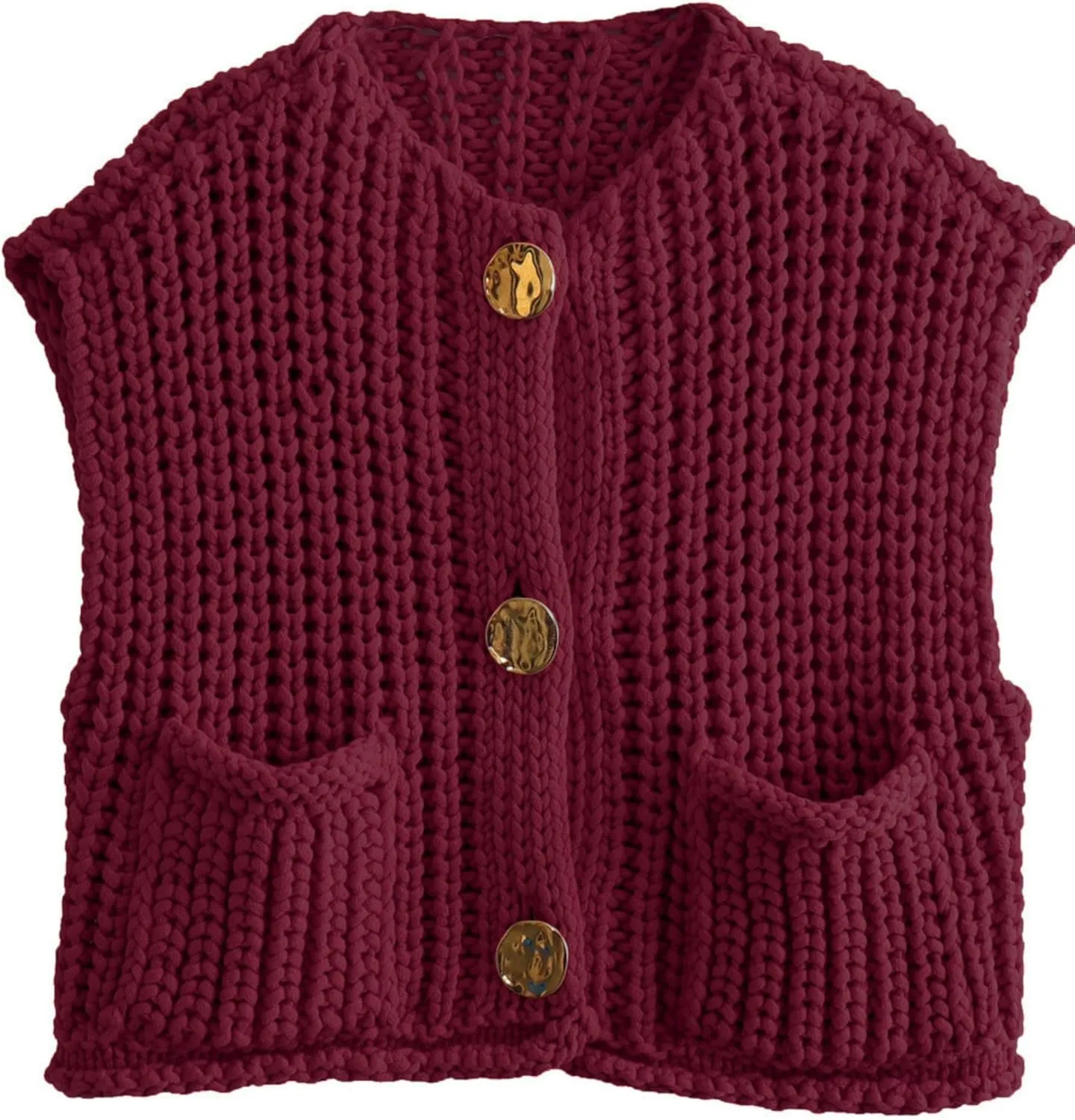 Women's Sleeveless Chunky Knit Top Casual Cropped Button Down Sweater Vest Open Front Cardigan with Pockets