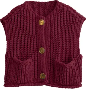 Women's Sleeveless Chunky Knit Top Casual Cropped Button Down Sweater Vest Open Front Cardigan with Pockets
