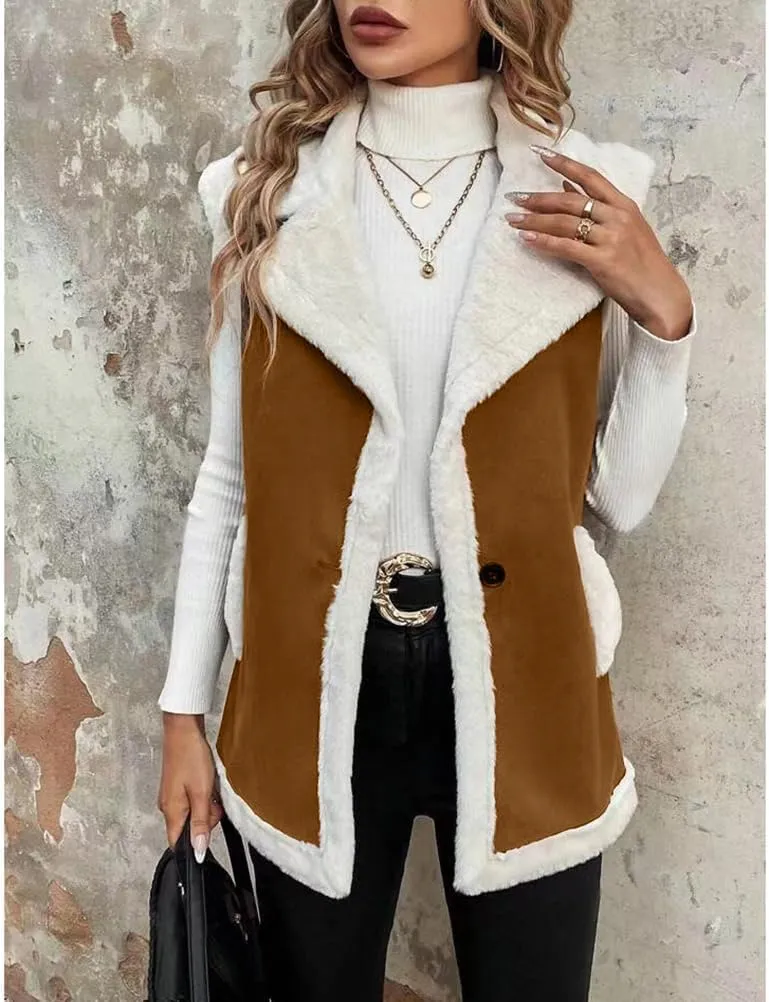 Womens Suede Sherpa Lined Leather Vest Jacket 2024 Fall Winter Sleeveless Lambswool Fur Warm sherpa vest womens