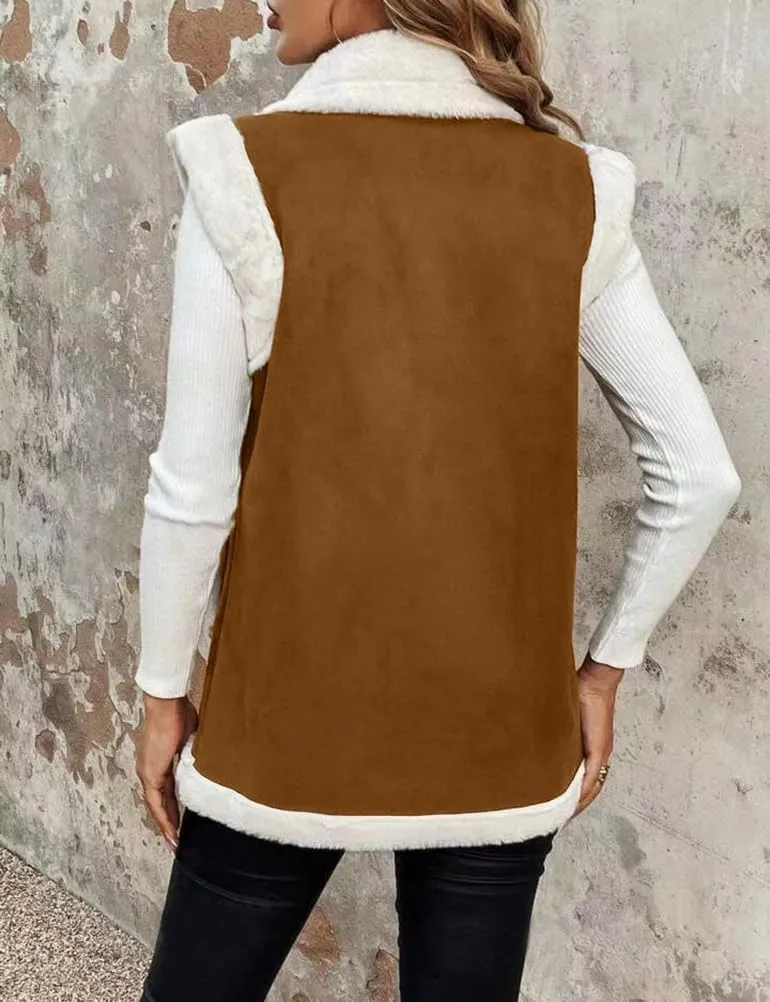 Womens Suede Sherpa Lined Leather Vest Jacket 2024 Fall Winter Sleeveless Lambswool Fur Warm sherpa vest womens