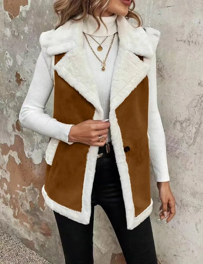 Womens Suede Sherpa Lined Leather Vest Jacket 2024 Fall Winter Sleeveless Lambswool Fur Warm sherpa vest womens