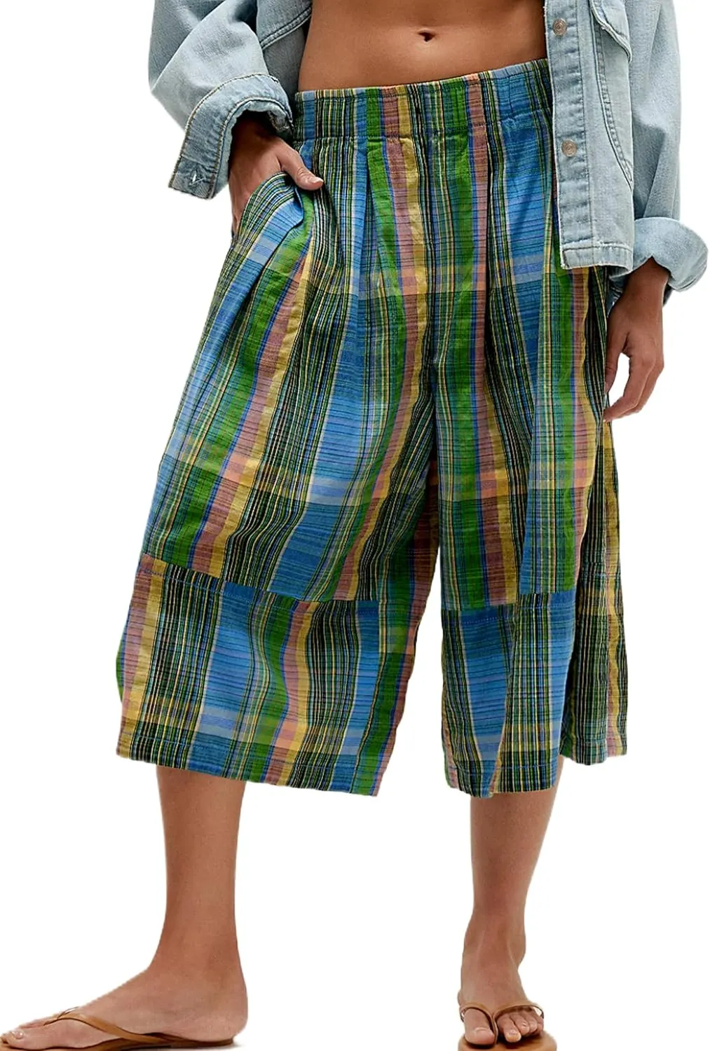 Women's Summer Boho Wide Leg Culotte Pants Palazzo Trousers Casual Loose Elastic Waisted Plaid Capris with Pockets