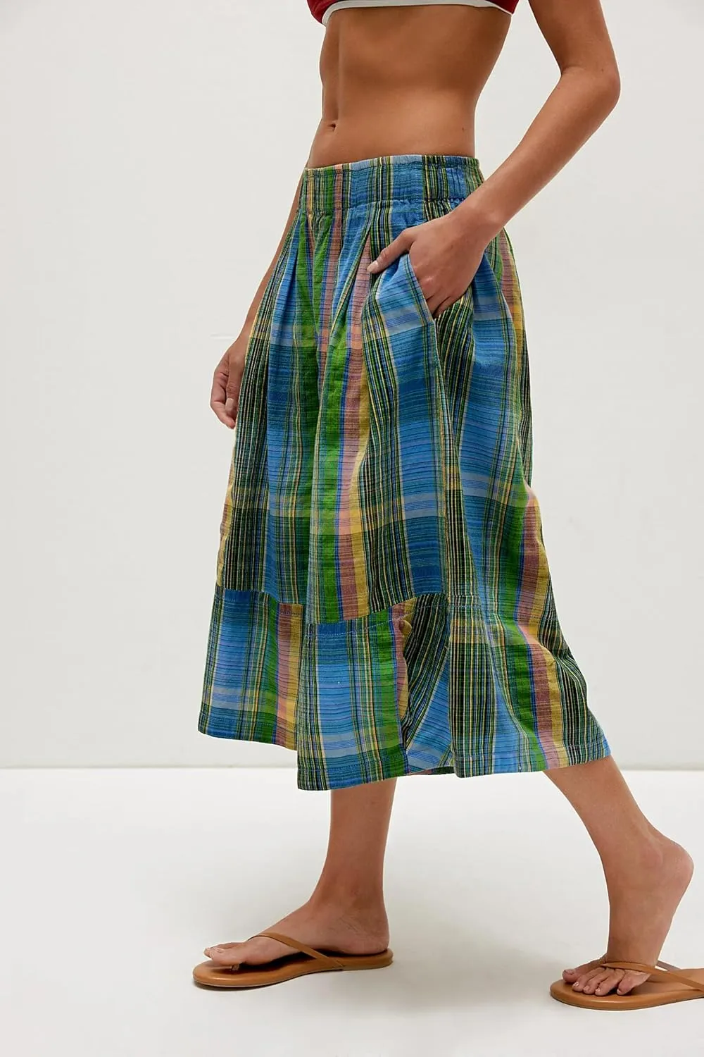 Women's Summer Boho Wide Leg Culotte Pants Palazzo Trousers Casual Loose Elastic Waisted Plaid Capris with Pockets