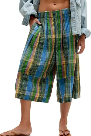 Women's Summer Boho Wide Leg Culotte Pants Palazzo Trousers Casual Loose Elastic Waisted Plaid Capris with Pockets