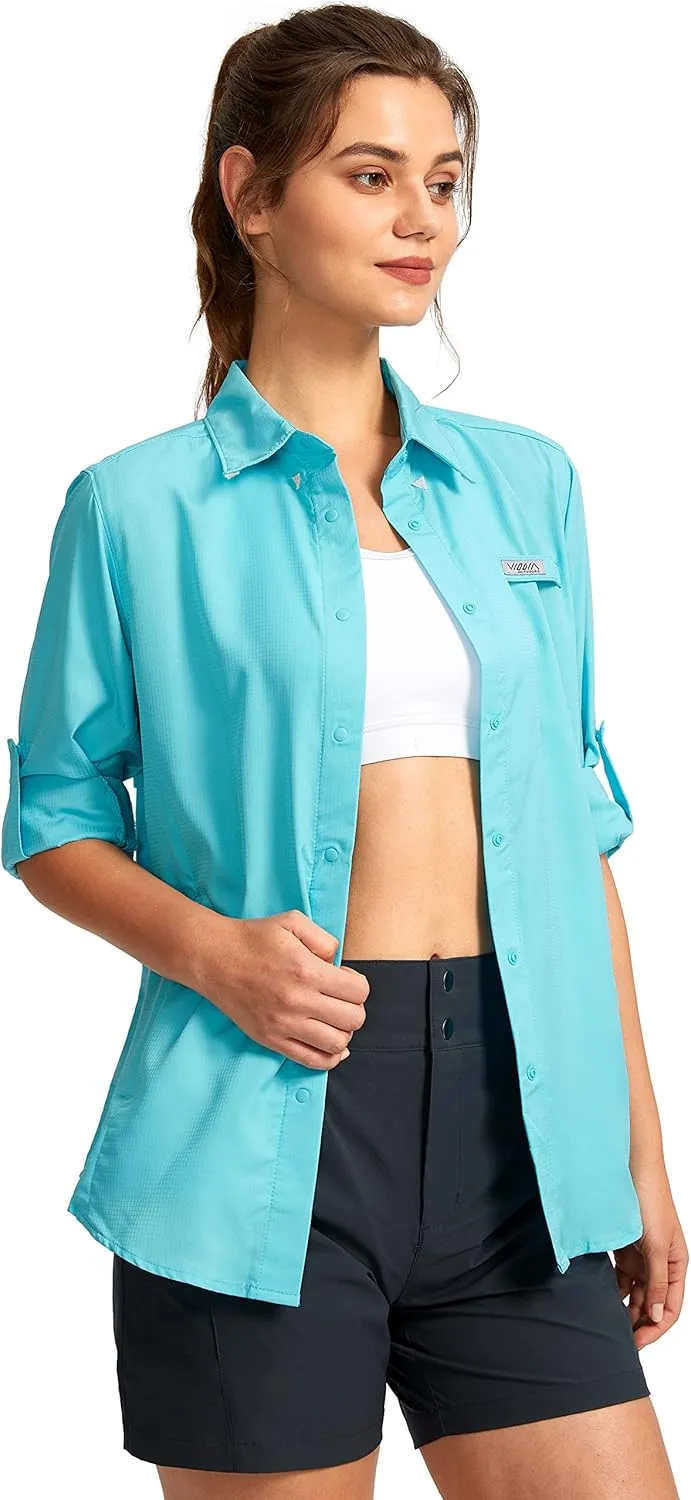 Womens Sun Protection Fishing Shirt with Zipper Pockets Lightweight SPF Long Sleeve Shirts for Hiking Safari