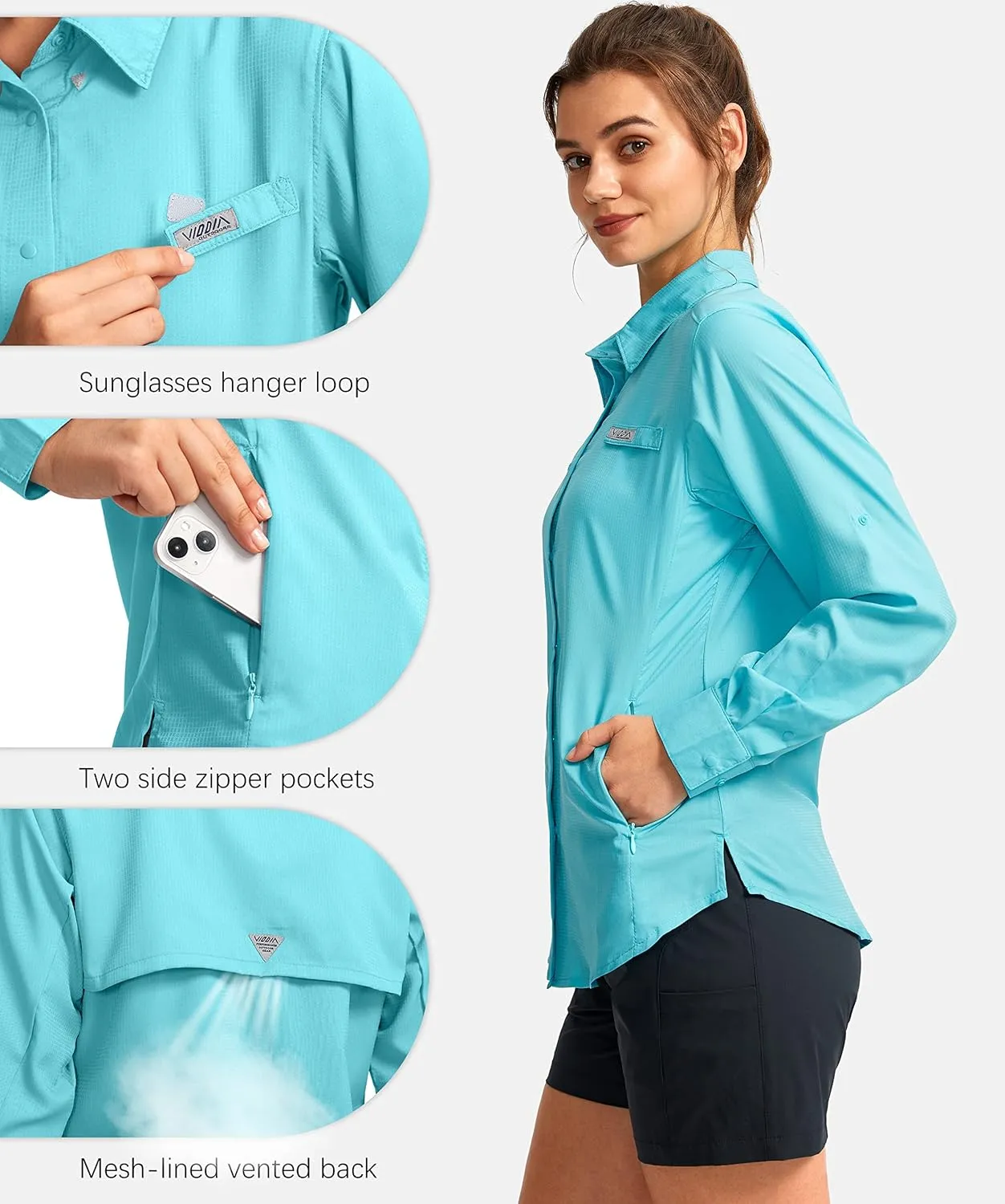 Womens Sun Protection Fishing Shirt with Zipper Pockets Lightweight SPF Long Sleeve Shirts for Hiking Safari