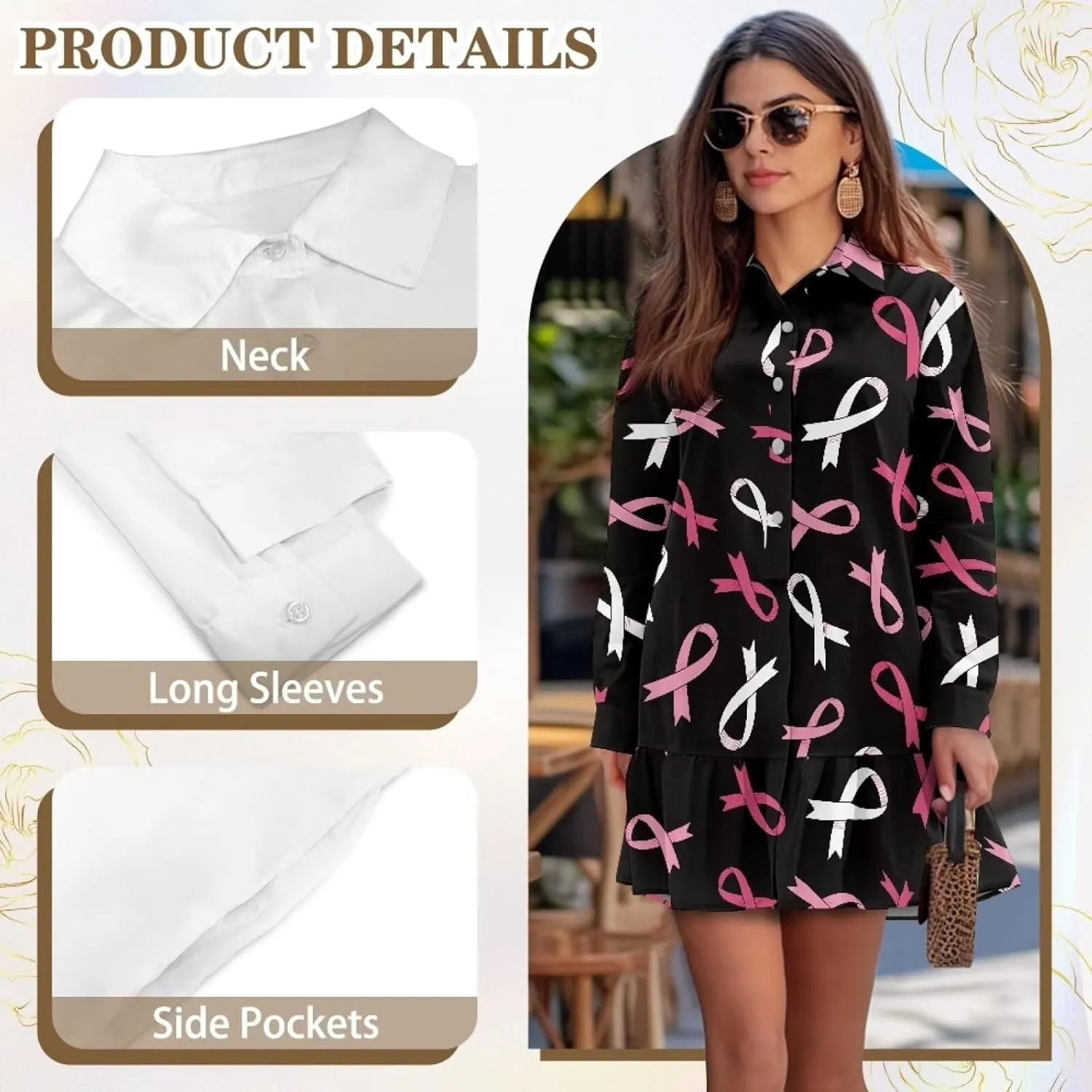Women's V Neck Long Sleeve Shirt Dress Button Down Tunic Mini Shirt Dress with Pocket
