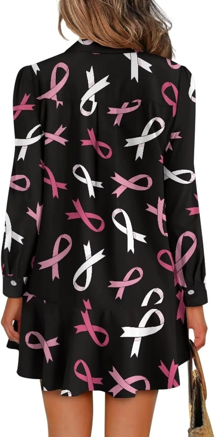 Women's V Neck Long Sleeve Shirt Dress Button Down Tunic Mini Shirt Dress with Pocket